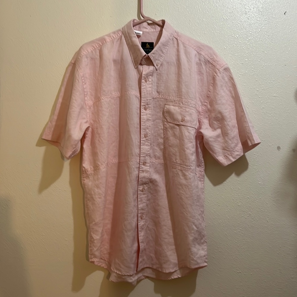 Jean Lucas Segnani men’s 100% linen pink short sleeved shirt. Size Medium